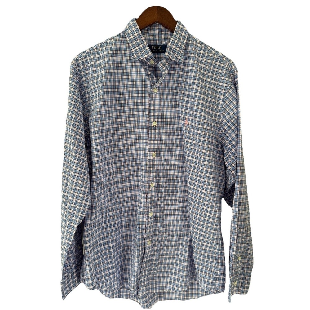 Ralph Lauren Shirt Men Large Plaid  Pink Purple Check Button Up Plaid Pink Pony